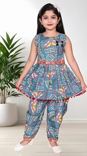 Image of Girls Ethnic Kurti and Dhoti Pant Set - Sleeveless Printed Outfit with Pom-Pom Hem | Dress for Kids