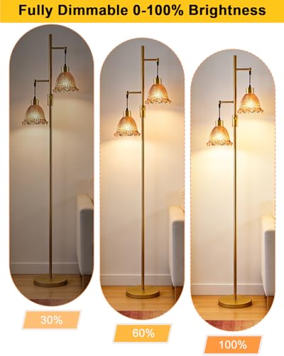 Image of Lightdot 65IN Gold Flower Floor Lamp for Living Room, 2- Light Dimmable Floor Lamps with Deep Red Glass Lampshade,3000K Warm White Modern Standing Tall Lamp with 5Lbs Heavy Base for Bedroom Sofa