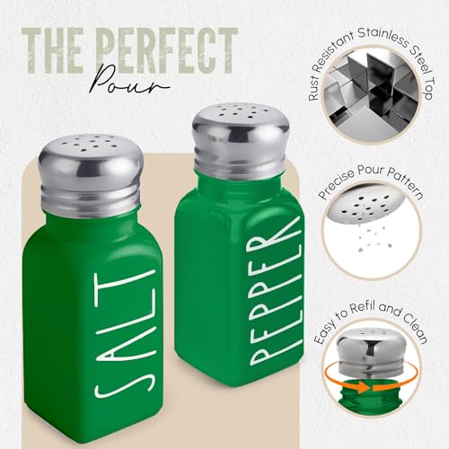 Image of Afrodite Salt and Pepper Shakers Set, Stainless Steel Salt and Pepper Sprinkler for Restaurant with Glass Bottom, Spice Dispenser Ideal for Himalayan, Kosher, Black and White Pepper (Green)