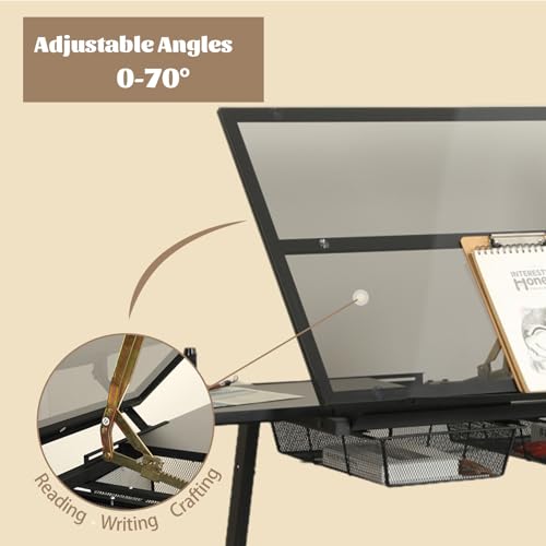 ALYIAMXL Drafting Table Desk w/Stool, Painting Table Art Craft Desk Crafting Table with Tilting Tempered Glass Top, 2 Storage Drawers, Upgraded Hand Crank Height Adjustable (Black)