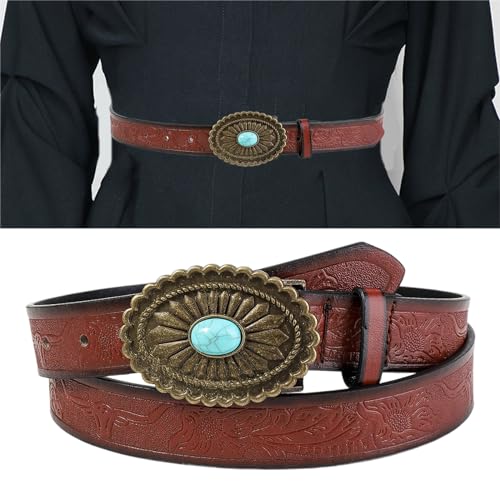 Western PU Leather Belt Embossed Pattern Waistband Jeans Waiststrap Waist Decors Women Turquoises Buckle Waist Belt2