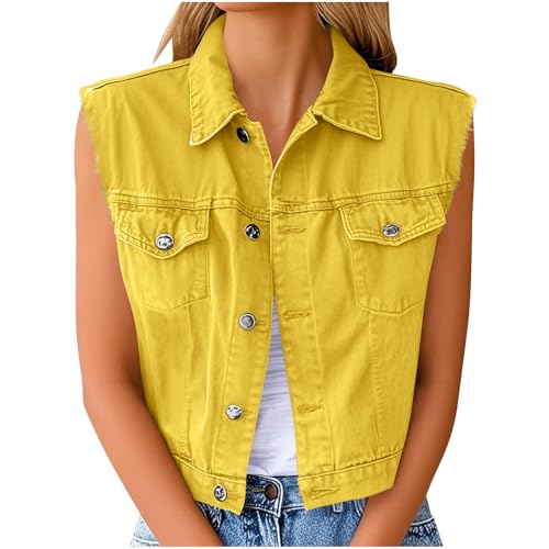 Denim Vest for Women Sleeveless Cropped Jean Jacket Western Fashion Casual Button Collared Frayed Vests Top with Pockets