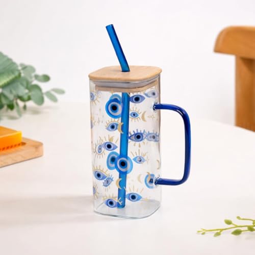 Image of FUNKYFINDS Evil Eye Glass Coffee Cup with Handle 400 ml Glass Can for Hot /Cold Beverages Cappuccino Latte Espresso Beer Hamsa Blue Evil Eye for Protection Tumbler Mug Heat-Resistant and Freezer Safe