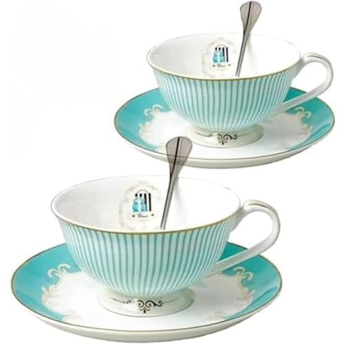 HeyDear ボーンチャイナ磁器 カップ&ソーサー&スプーン 3点セット ティー・コーヒー用 ヨーロッパ風 ブルーストライプ おしゃれ 来客・アフタヌーンティー・朝食に最適 ギフト ティーカップ コーヒーカップ