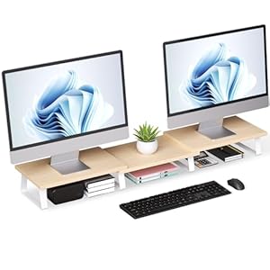 Aothia Desk Dual Monitor Stand Riser – Computer Stand For Desktop Monitor, Desk Shelf For Monitor, Wood Monitor Stand With Adjustable Length And Angle, Desktop Organizer, Large Monitor Stand For Laptop(Oak)