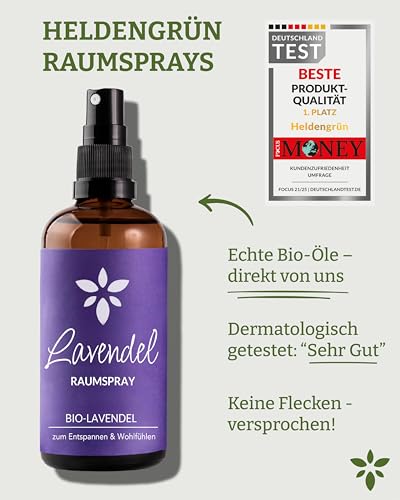 Heldengrün® Lavendelspray 'Gute Nacht' [BIO-LAVENDELÖL] Dermatologisch getestet - Lavendelspray für Kopfkissen - Blumig & frisch - Lavendel Kissenspray & Raumspray