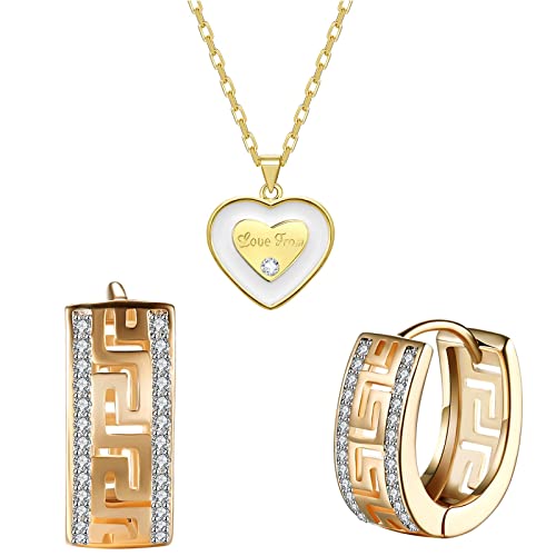 Wskfly 14K Gold Plated Double Row Of Diamonds Huggie Earrings For Women Gold Heart Necklace With Love You Christmas Birthday Party Jewelry Gift For Daughter Granddaughter #TOP17