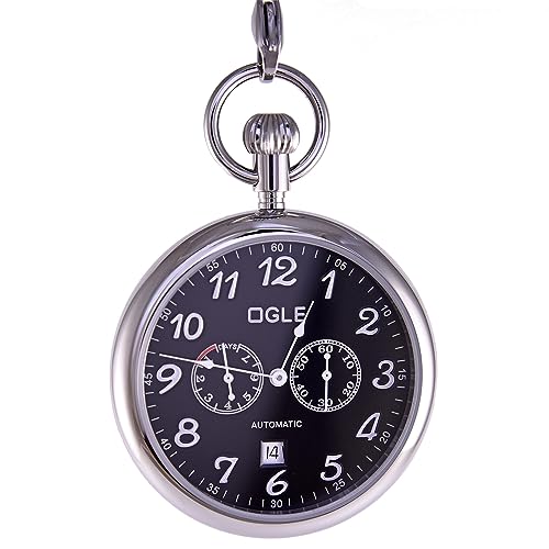 OGLE Waterproof Stainless Steel Week Day Calendar Multifunction Large Size Fob Self Winding Automatic Skeleton Mechanical Pocket Watch (Silver Case&Black Dial)