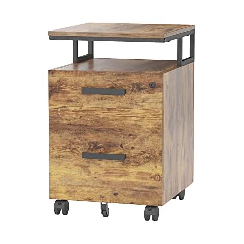 FEZIBO File Cabinet with Lock for Home Office, 2-Drawer Rolling Filing Cabinet, Under Desk Home Office File Cabinet for A4, Letter Size, Printer Stand, Wooden Storage Cabinet, Rustic Brown Cover
