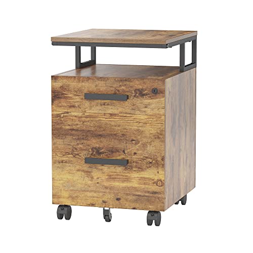Fezibo File Cabinet With Lock For Home Office, 2-Drawer Rolling Filing Cabinet, Under Desk Home Office File Cabinet For A4, Letter Size, Printer Stand, Wooden Storage Cabinet, Rustic Brown #TOP12