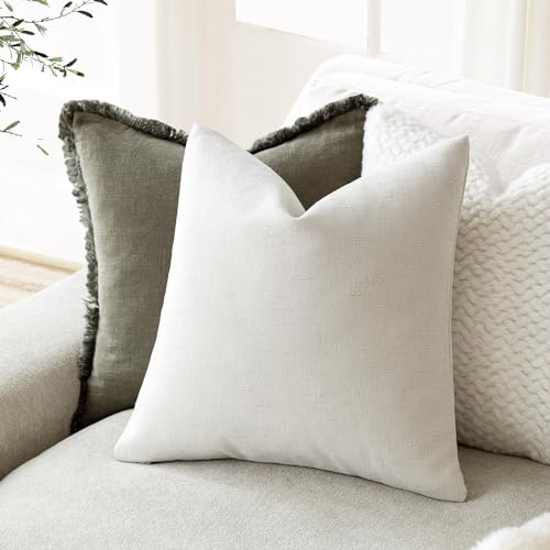 Image of Foindtower Pack of 2 Soft Textured Chenille Throw Decorative Pillow Covers Square Accent Solid Cushion Cover Neutral Farmhouse Pillow Case for Couch Sofa Bedroom Living Room 22x22 Inch, Ivory White