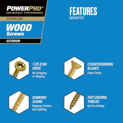 Image of Power Pro Premium Exterior Wood Screws, #10 x 3 Inch All-Purpose Deck Screws for Outdoor Projects, T-25 Star Bit Included, Bronze, 800 Pieces | 48311V4