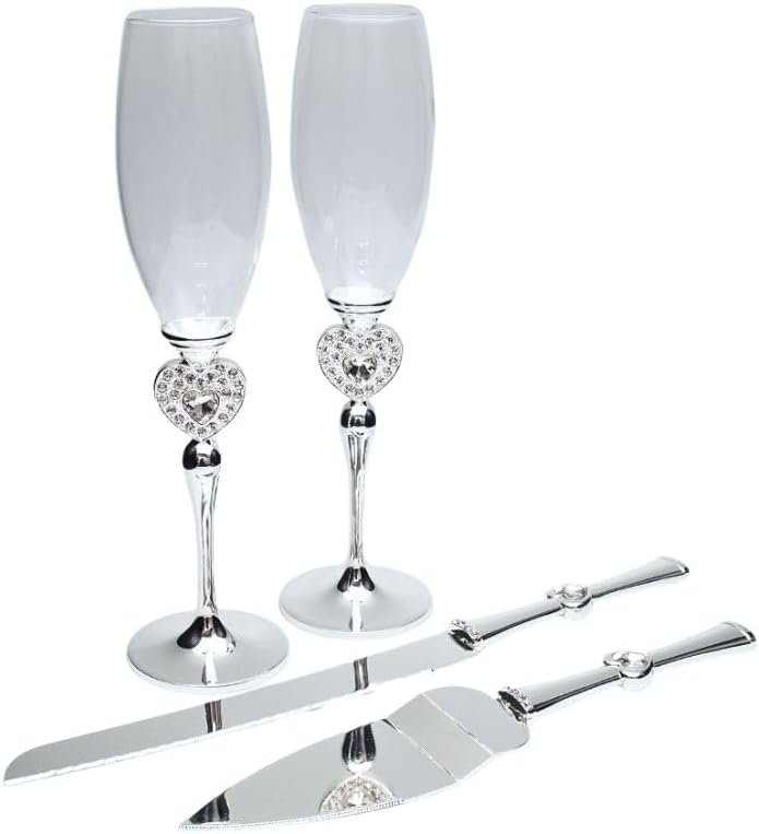 Lassos Boutique 4-Piece Set Wedding Toasting Champagne Toasting Flutes and Cake Knife Pie Server Set (Gold)