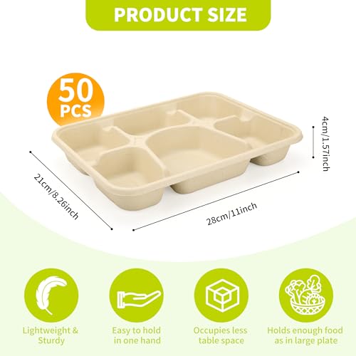 50 Pack 6 Compartment Disposable Paper Plates, Eco-Friendly Wheat Straw School Lunch Tray, Heavy-Duty, Biodegradable, Microwavable Safe - Image 3