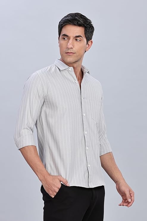 Image of MILDIN Men's Pure Cotton Striped Printed Shirt with Spread Collared Neck Full Sleeve Curved Hemline Button Closure and Regular Fit | Shirt for Man