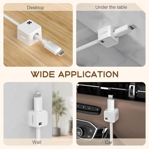 SC+ 6 Pack Clips Magnéticos para Cables • Soporte para Cables bajo Escritorio • Organización de Cables para Oficina en Casa, Teléfono, Auto, Pared, Escritorio, Velador • Soporte Premium para Cables (Blanco) miniatura 6