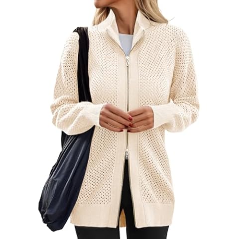 Women's Turtleneck Zip Up Cardigan Sweaters Oversized Drop Shoulder Long Sleeve Casual Solid Mesh Knit Jumper Tops Beige Cover