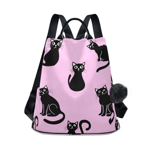Sac à dos noir et rose pour femme avec motif chat et fermeture sécurisée contre le vol en voyage