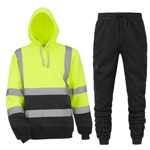 Beokeuioe Sudadera con capucha y pantalones para hombre, juego de 2 sudaderas y pantalones luminosos, protección de advertencia, manga larga, cordón con rayas reflectantes, ropa de trabajo, chaqueta