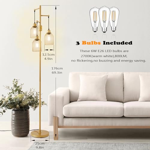 Dimmable Floor Lamp for Living Room, Farmhouse Floor Lamps with Elegant Hanging Cage, 3 x LED Edison Bulbs Included, 68.5" Industrial Standing Light for Bedroom Office Home Decor (Gold) - Image 4