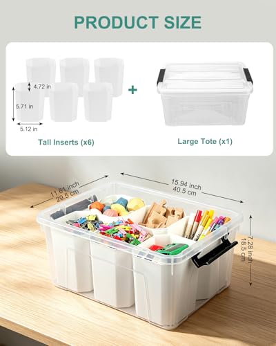 Image of EOENVIVS Clear Storage Bins with 6 Tall Inserts, Stackable craft organizers and storage Box, Plastic Storage Totes with Lids and Handles for Crafts, Jewelry & Sewing, Art Supplies, Markers, Pens