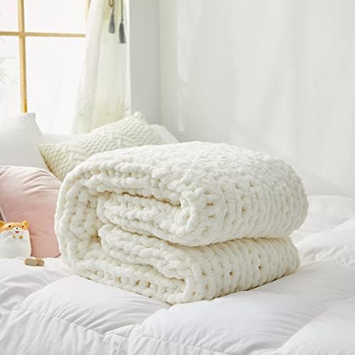 All Season Chunky Knit Throw Blanket-Soft Chenille Yarn Knitted Blanket for Kids Adult-Crochet Blanket-Sofa Throw Couch Cover Knitted Blanket,Bed Throw-Gift-Machine Washable (Cream White, 50''x60'')