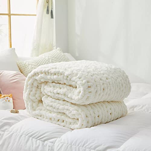 All Season Chunky Knit Throw Blanket-Soft Chenille Yarn Knitted Blanket For Kids Adult-Crochet Blanket-Sofa Throw Couch Cover Knitted Blanket,Bed Throw-Gift-Machine Washable (Cream White, 50''X60'') #TOP1