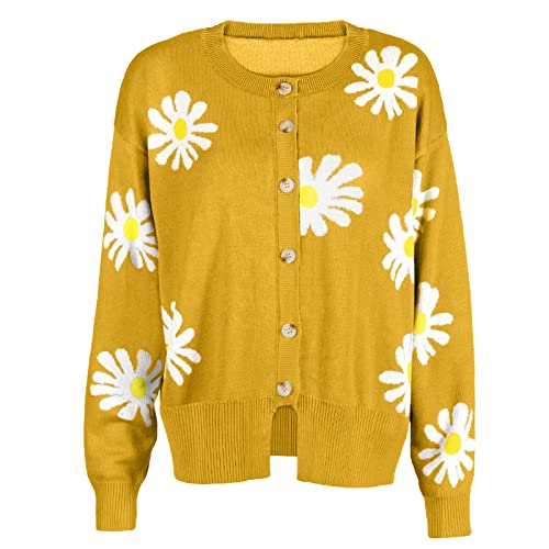 Cute Daisy Flower Cardigan Sweaters Women Teen Girls Long Sleeve Open Front Y2K Tops Fashion V Neck Knitted Outerwear2
