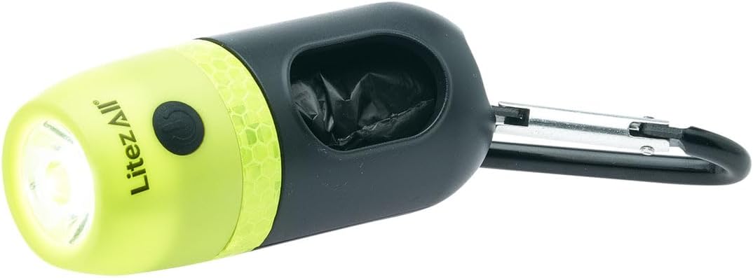 LitezAll Rechargeable Dog Waste Bag Dispenser with Built-in LED Flashlight | 200 Lumen Portable Poop Bag Holder with Carabiner Clip | 15 Bags Included, USB-C Charging for Night Dog Walking