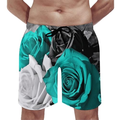 Mens Shorts Black White Teal Gray Rose Flowers Men Swim Trunks Quick-Dry Beach Shorts with Drawstring Pocket Bathing Suit 2XL