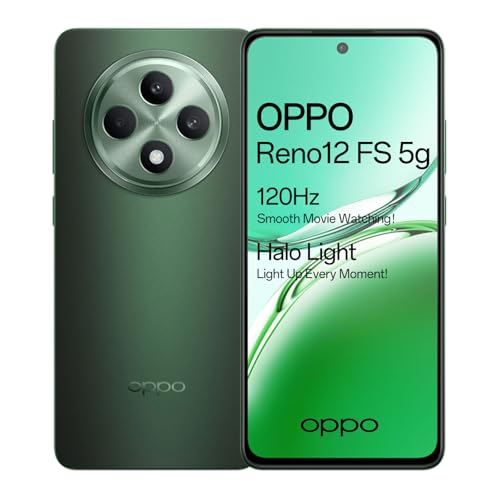 OPPO Reno12 FS 5G IA Smartphone, Desbloqueado Octa-Core 12+512GB, Teléfono Dimensity 6300, Pantalla 120Hz OLED 6,67', Cámara AI 50+8+2MP, Batería Grande 5000mAh, SUPERVOOC 45W, IP64, NFC, GPS, Verde