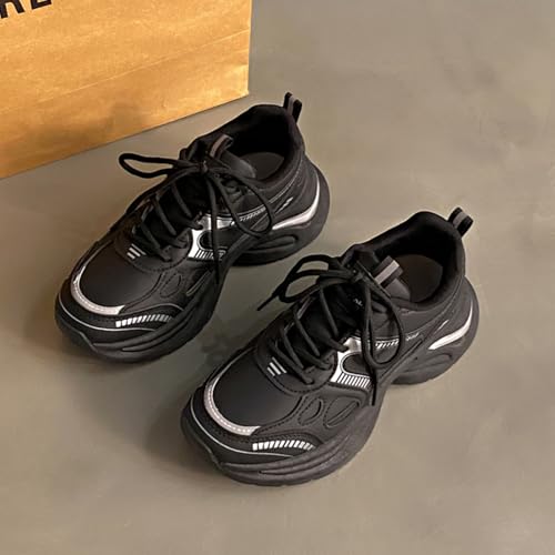 Womens Leather Chunky Platform Lace Up Fashion Sneakers Casual Dress Comfortable Non-Slip Mesh Running Walking Tennis Shoes3