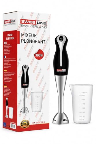 Swiss Line Batidora de Mano 300W, Acero Inoxidable, Negro y Plateado, con Vaso Medidor de 650 ml