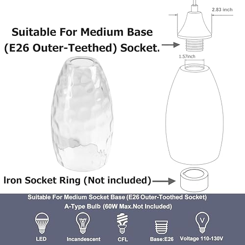Image of GO&SO Glass Pendant Light Shades 3Pcs,7.8 inch H x 4 inch D,Clear Ripple,Oval | 1.57 inch Fitter E26 Base,Hand-Blown Art Fixtures,Chandelier Shades for Kitchen Island,Hanging Light Shades