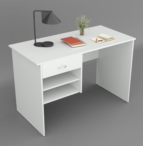 Image of 116x75x56CM Engineered Wood Verto Study & Office Table with Smooth Lockable Drawer and 2 Shelves for Storage | Sturdy DIY Counter, Commercial Table- White