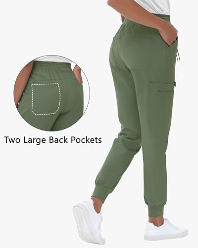 Image of MIVEI High Waisted Jogger Style Scrub Pants for Women - 8 Pockets Medical Bottoms Tapered Yoga Waistband Ribbed Ankle Cuffs