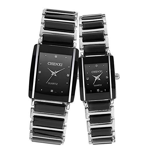 Pareja romántica de Acero Inoxidable Relojes de Pulsera para él y para Ella Correa de cerámica Casual Rectángulo Diamantes de imitación Cuarzo analógico Pareja romántica Relojes Conjunto de 2