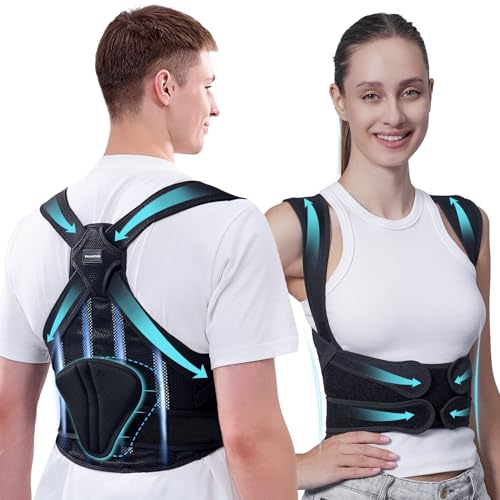 WEARABSTRUSE Back Brace Posture Corrector for Women and Men, Black, Adjustable Support with Removable Lumbar Pad, Shoulder and Back Straightener for Pain Relief, Spine Alignment