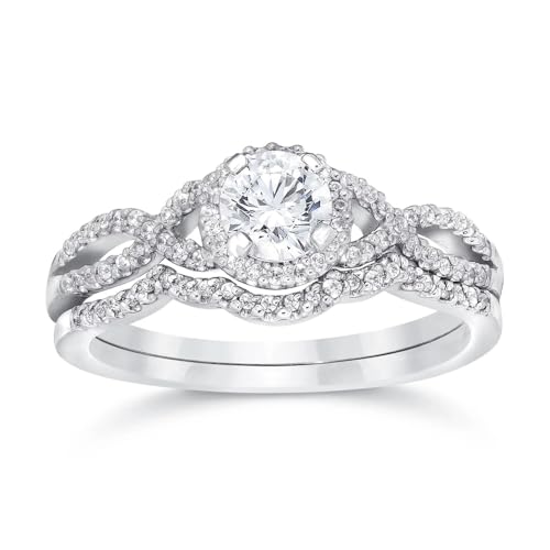 Real 10K 14K 18K Gold Moissanite Wedding Ring Sets for Women, Customized 0.5-3 CT Round Halo Moissanite Infinity Engagement Band Bridal Promise Rings Set Pave Set 2 Pieces Free Engraving