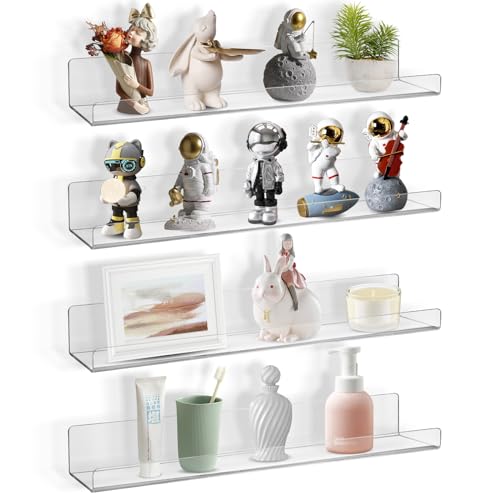 Boxalls Acrylic Clear Shelves - 4 Pack, 15 Inches Wall Storage Organizer Floating Shelf for Bathroom, Bedroom, Kitchen Variety Room, High Transparency Acrylic Waterproof Shelves