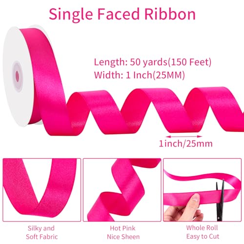 Image of woric Hot Pink Ribbon 1 Inch 50 Yards Pink Satin Ribbon for Wedding Decor Graduation Leis Hair Bows Crafts Baby Girl Shower Gift Wrapping Flower Bouquet Holiday Decorations