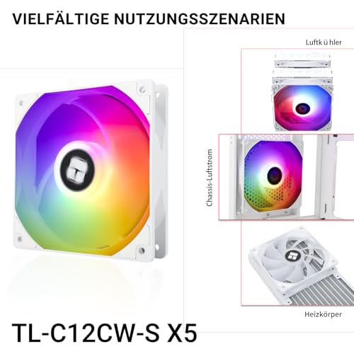 TR-Thermalright TL-C12CW-S X5 120mm 5er-Pack CPU PWM ARGB Lüfter, 1550U/min Stille Kühlung, Weiß CPU-Lüfter, Kann mit Chassis/CPU-Kühler Gekoppelt Werden