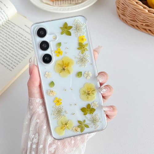 XIZYO Case for Samsung Galaxy S24 Plus, Cute Clear Real Dried Flower Pattern Aesthetic Shockproof Phone Case, Girls Women Transparent Luxury Floral Slim Soft TPU Cover, Yellow Flower Border