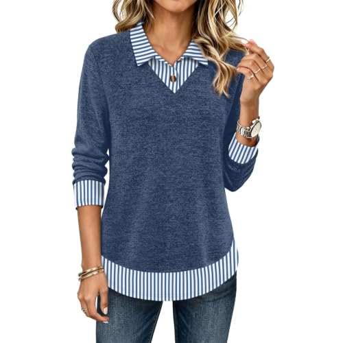 Womens Tops Fake Two Piece Loose Fit Long Sleeve High Low Preppy Shirts - image 2