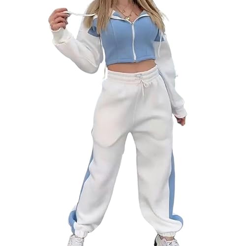 SYLDMJ Sweatshirt for Women Women's Hooded Jacket Casual Trousers All-Match Suit-White and Blue-M