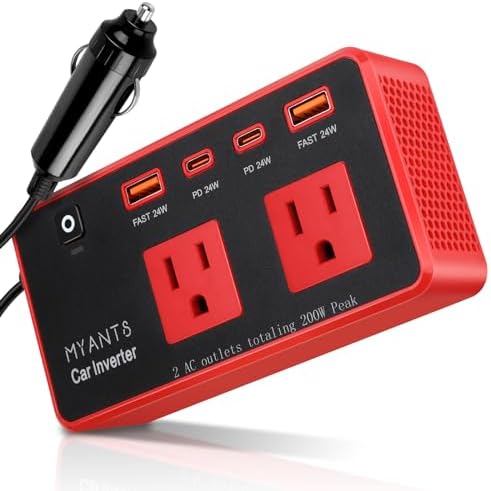 Myants 200W Car Power Inverter - 12V DC to 110V AC Car Outlet Adapter Converter with 4 Port USB C 24W PD3.0 & QC3.0 USB A Fast Car Charger Adapter Plug for Laptop Travel