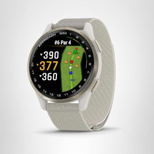 Garmin Approach&reg; S50, Advanced Golf GPS Smartwatch, AMOLED Display, On-Course Features, Wrist-Based Heart Rate, Cream Gold Aluminum Bezel with Ivory ComfortFit Nylon Band