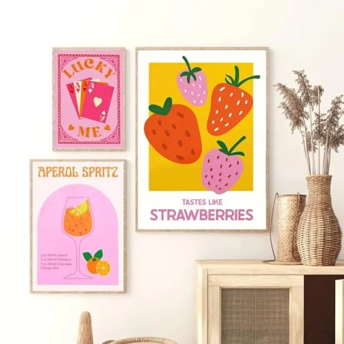 Cadre déco cuisine pour mur vide | Lot de 3 affiches fraise rétro style gravure 50x70cm