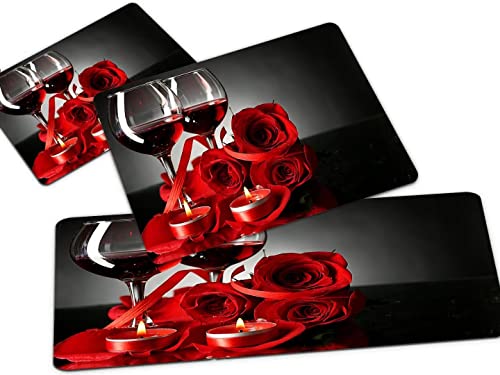 Kitchen Rug Sets 3 Piece, Red Rose Wine Decorative Heart On Black,Floor Mats Washable Doormat Anti Fatigue Non-Slip Kitchen Runner Rug Farmhouse Bedroom Area Carpet #TOP7
