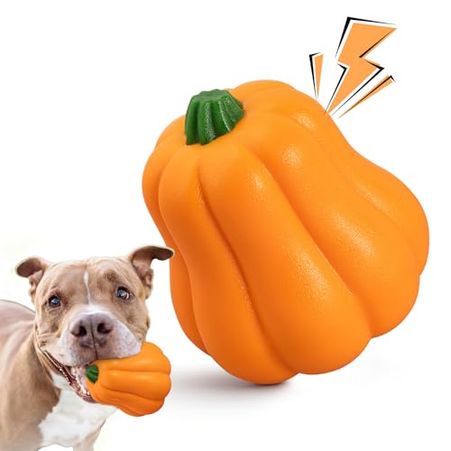 BluBrk Large Dog Chew Toy with Squeaker Tough TPR Pumpkin Toy for Strong Chewers (40 lbs+) Textured Dental Ridges Outdoor & Water Play Dog Pool Beach & Fetch Toys for Summer